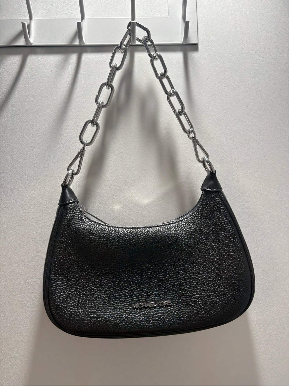 Michael Kors Black Pebbled Leather Shoulder Bag with Silver Chain